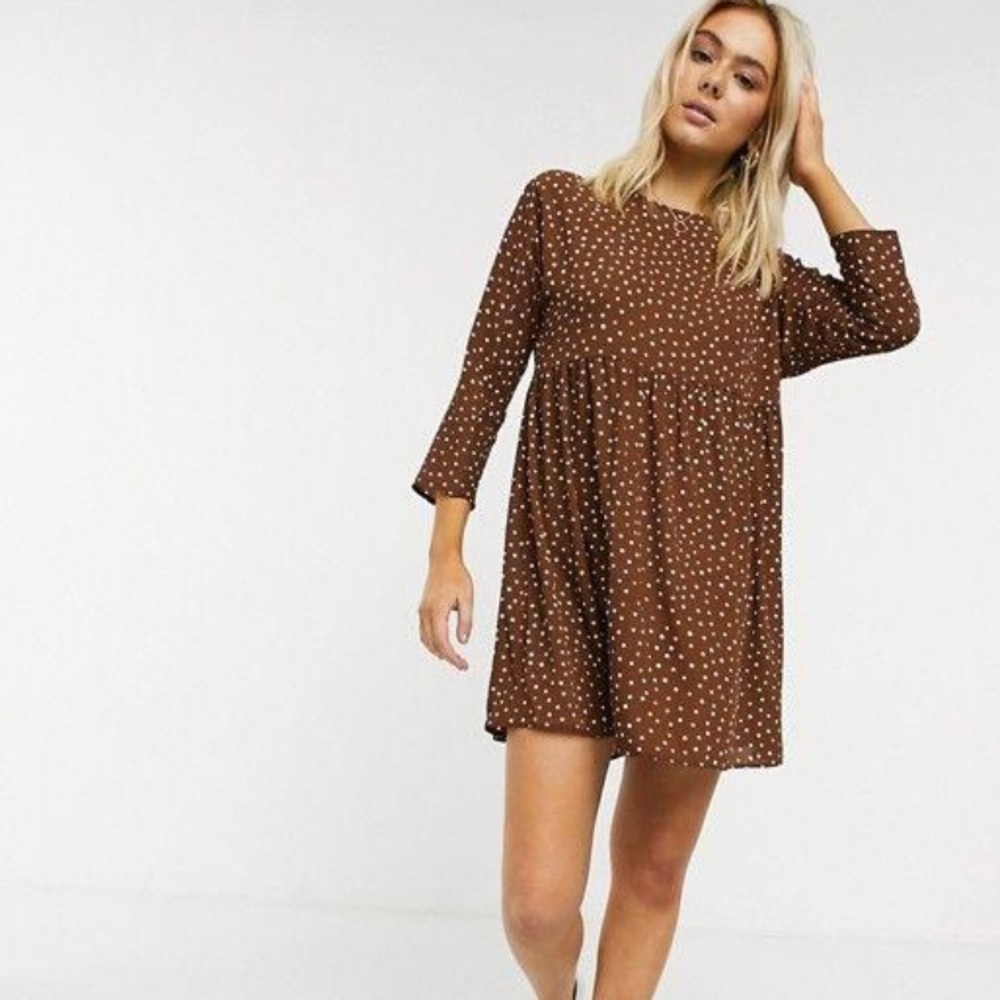 ASOS DESIGN smock mini dress in brown polka dot